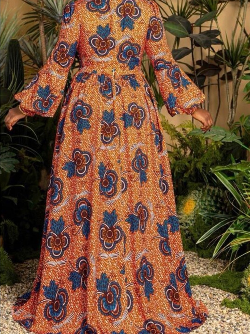 #596 Faeriesty Gorgeous High-Neck Orange Floral Maxi Dress with Side Slit - Picture 4 of 15
